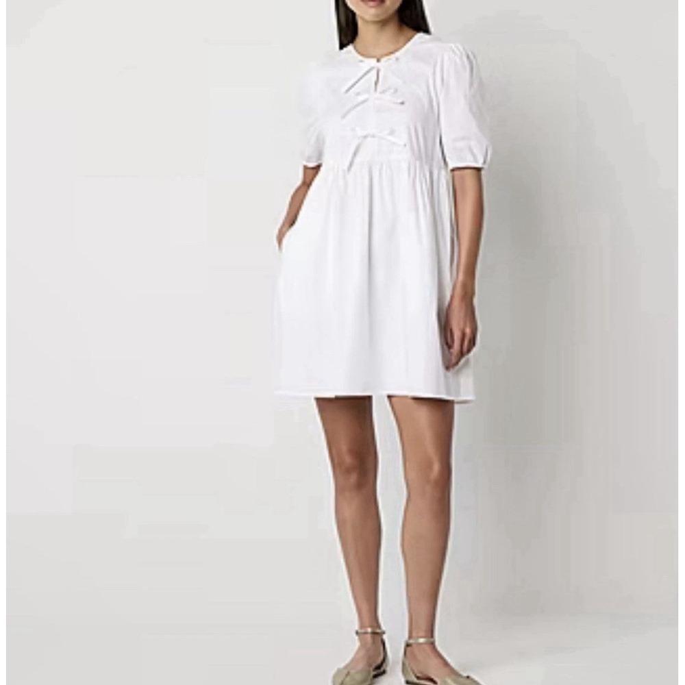 Chetta B Babydoll Dress White Tie Front Puff Sleeve Minimalist cottagecore Large